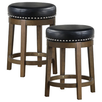 Set of 2 Counter Stool, Backless Design With Swiveling Faux Leather Seat, Black