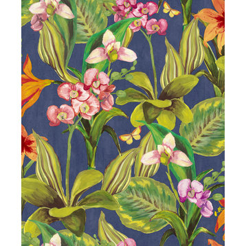 Hand Painted Orchids Floral Wallpaper, Blue & Pink, Double Roll