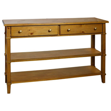 Two Drawer and Double Shelf Console Table Natural Wood Finish