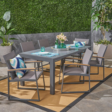GDF Studio 7-Piece Moore Outdoor Dining Set With Glass Table Top, Gray