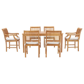 7 Piece Teak Wood Bermuda 63" Rectangular Bistro Dining Set, 2 Arm/4 Side Chairs