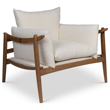 Modern Brazilian, Hara, Accent Chair, Boucle Ivory Upholstery, Pecan Frame
