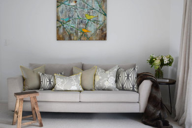 This is an example of a contemporary living room in Auckland with white walls and carpet.