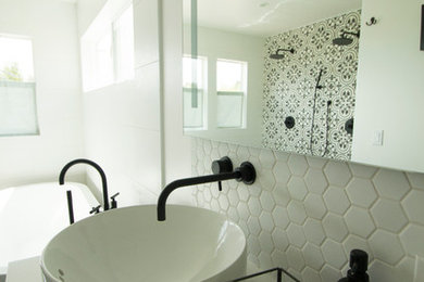 Bathroom - large contemporary master white tile and cement tile porcelain tile bathroom idea in San Diego with furniture-like cabinets, white cabinets, white walls and granite countertops