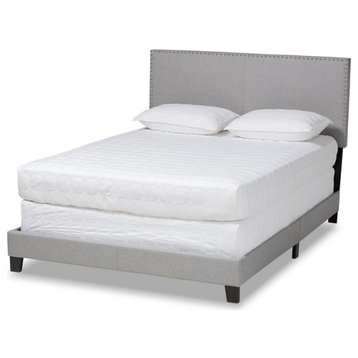 Baxton Studio Ramon Full Size Gray Linen Panel Bed with Nailhead Trim