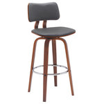 Armen Living - Pico 26" Swivel Walnut Wood Counter Stool, Gray Faux Leather With Chrome, 30 - Update your casual meals and cocktail hours with the modern charm and elegance of our Pico Upholstered Swivel Bar or Counter Stool. With bentwood construction, our bar stool features a beautifully curved seat and back, embracing your body with comfort. It is complemented with sculptural bentwood legs to bring signature modern style to your bar or high dining table. Completed with a footrest and upholstered seat, the counter stool promises a comfortable stay. It is upholstered in your choice of faux leather or high-performance fabric to provide easy care and maintenance, best suited to your home. This modern barstool includes a versatile design to complement a kitchen island, pub table, home bar, or adjustable desk. With durable construction, it can be used anywhere from a kitchen to a home office to serve you for years to come. Our counter stool comes with a wonderful 360-degree swivel function. Its smooth gliding system allows you to turn with ease and enjoy your conversation, meals, and cocktail hours to the fullest. The Pico swivel bar or counter stool easily incorporates into any home and is available in your choice of 26-inch or 30-inch seat height. The Pico bar or counter stool is available in your choice of a walnut wood finish with gray, cream, or brown faux leather upholstery and chrome footrest, or a black wood finish with gray faux leather or light gray fabric upholstery and black footrest.
