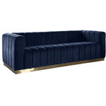 Meridian Furniture - Marlon Velvet Upholstered Sofa, Navy - Seat guests in the epitome of comfort and style with this Marlon velvet sofa. This piece is just the thing to showcase your modish style while ensuring total enjoyment from all who are lucky enough to relax on its channel tufted seats. The soft navy velvet upholstery adds a beautiful touch to your space and feels great against your skin while the brushed gold stainless steel base lends it a contemporary finish.