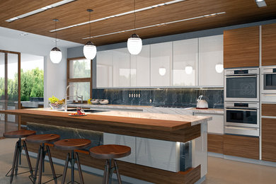 Example of a large minimalist l-shaped concrete floor and beige floor kitchen design in Los Angeles with white cabinets, marble countertops, stone slab backsplash, stainless steel appliances, an island, a double-bowl sink, gray backsplash and white countertops