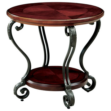 Round Wood And Metal End Table With Scroll Details, Brown