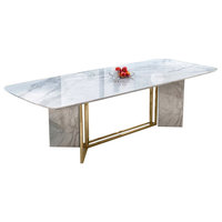 Modern Stylish White Faux Marble Dining Table Rectangular Table in Brushed Gold,