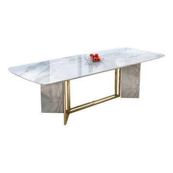 Modern Stylish White Faux Marble Dining Table Rectangular Table in Brushed Gold,