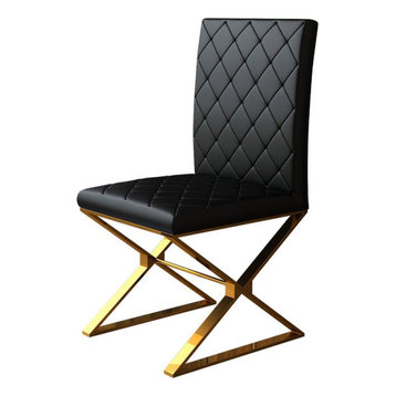 Upholstered Black PU Leather Dining Chair Set of 2 Stainless Steel Leg Gold