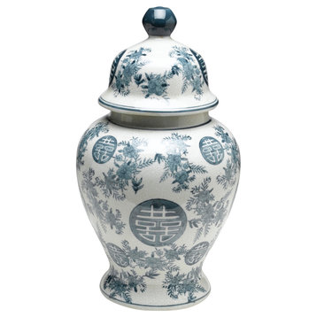 Blue and White Ginger Jar With Lid