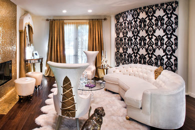 Mid-sized transitional formal and enclosed dark wood floor living room photo in Miami with a standard fireplace, a tile fireplace, no tv and white walls