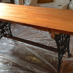 Reclaimed wood edge-grain table with antique cast iron legs and dowel - Products