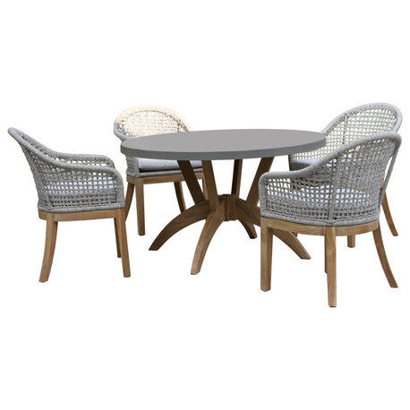 5-Piece Nautical Teak, Rope and Composite Round Dining Set With Sunbrella