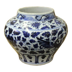 Chinese Blue White Porcelain Graphic Fat Body Vase Jar - Decorative Accents