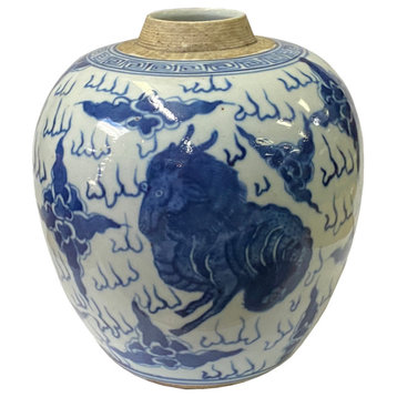 Oriental Handpainted Mythical Small Blue White Porcelain Ginger Jar Hws2329