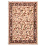 Bareens Designer Rugs - Irfan Pak Persian Ermelind Ivory/Blue Wool Rug - 6'1'' x 9'1'' - Designed with mesmerizing intricacy and gorgeous color palette, this hand-knotted masterpiece demonstrates the beauty and electrifying thrill of Pak Persian art. These meticulously hand-knotted Pak-Persian rug is made with pure wool and features breathtaking traditional, transitional, and tribal designs in bold luxurious color pallets. Known for their intricate designs these rugs are a reproduction of Persian rugs, made in Pakistan with unique Mughal designs. Made by master weavers using the same Persian texture, design and dying technique, we wanted to produce the most significant manifestation of Persian art, life, and culture. This rug is most famous for its exceptional quality, incredible designs, patterns, and vibrant rich color. Pak-Persian rugs made with Persian weave with high knot counts, which enables the high intricacy and detail found in the patterns are also referred to as "State of art", each color adds a rich beautiful detail in the artwork of this rug. The design, color, and beautiful chromatic composition with a vibrant sheen with intricate designs, exude beauty, elegance, and quality make this rug a masterpiece of its own.