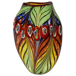 Dale Tiffany - Dale Tiffany Peacock Feather Hand Blown Art Glass Vase - Our Peacock Feather Vase is a lively combination of color and texture that will instantly brighten any decor style. Hand-blown, using Favrile art glass, the vase features a series of large feathers in green, yellow, orange and blue over its entire surface. A band of raised peacock-inspired glass jewels is set around the circumference. Each jewel features colors found in peacock feathers that are outlined in white than in orange, which makes them seem to leap of the surface. Peacock Feather features a freeform mouth that is outlined in soft mauve that will display a bouquet of your favorite flowers. A bright centerpiece on smaller dining tables, our Peacock Feather Vase is perfectly sized to be placed anywhere needing a dynamic pop of vibrant color.