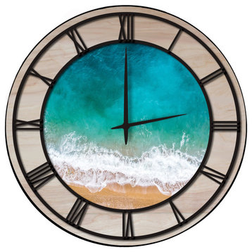 Wall Clock, Beach Waves, 24"x24", Black, Woodgrain Accent