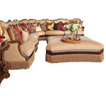 AICO - Victoria Palace 5-Piece Sectional Sofa and Ottoman - With elegance, grace and class; The Victoria Palace Sectional Sofa by Aico is the focal piece of the Living Room Collection. Made of hardwood solids and veneers, this piece features a swirling wooden trim accented with detailed scrollwork and acanthus leaf carvings. Comfort is no match for the sectional as the cushion is stuffed of high-density foam padding mixed with a down/feather blend. From a style perspective, it features braided stitching around the bottom edge of the upholstery while the top is held together by antique brass nail heads.