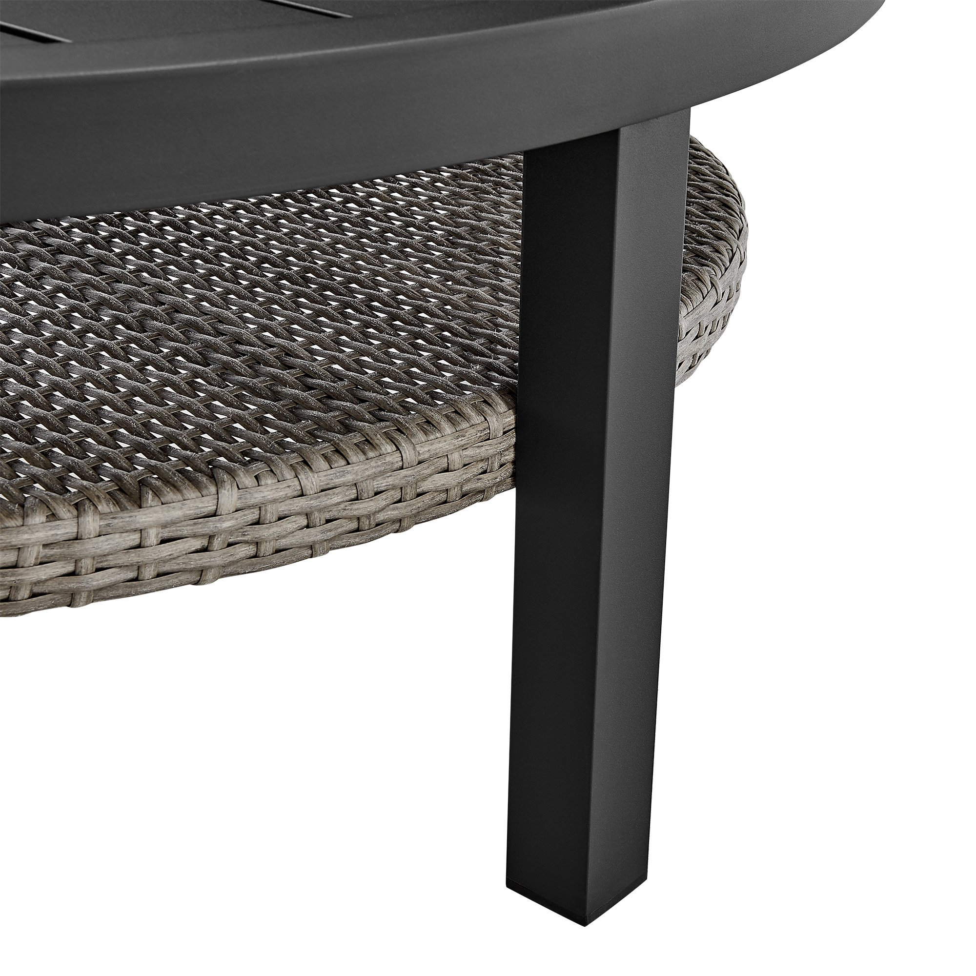 Black Aluminum Outdoor Patio Round Coffee Table with Grey Wicker Shelf ...