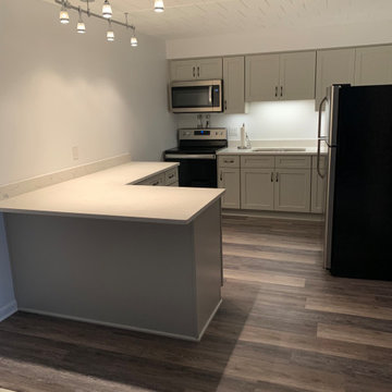 Kitchen remodel—solid gray cabinets with quartz and floor
