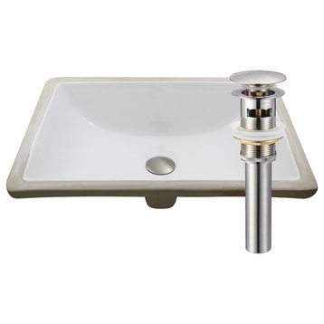 Rectangular Undermount White Porcelain Sink with Overflow Drain, Brushed Nickel