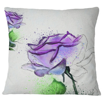 Blue Rose Flowers With Green Leaves Floral Throw Pillow, 16"x16"
