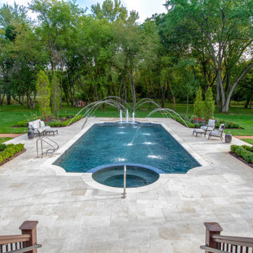 Barrington Hills, IL Scalloped Edge Pool with Round Hot Tub and Sunshelf