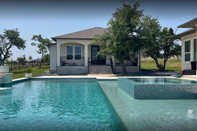 Small minimalist side yard custom-shaped aboveground pool house photo in Austin