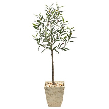 52" Olive Artificial Tree, Country White Planter