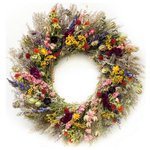 Botanical Splash - Meadow Parade, 22 - 100% USA grown, air-dried and handmade, made to order wreath available in two sizes. This wreath is composed of a colorful parade of artemisia, lemon mint, larkspur, tansy, celosia, nigella, globe amaranth, safflower and strawflowers.  This design can be hung outside in a protected location but will last much longer if kept indoors; sunlight will fade this wreath. Dried plants are a natural product; over time these once-living materials continue to lose moisture...changes in texture and color are normal and expected.