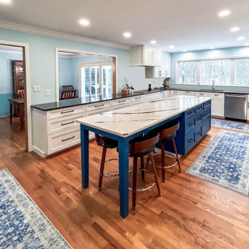 Kitchen with White Perimeter and Blue Island Cabinet Reface