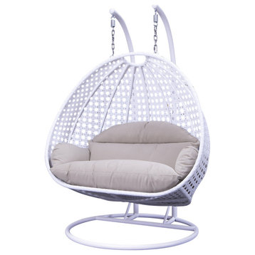 LeisureMod Rattan Wicker Double 2 Person Egg Swing Chair with Stand, White
