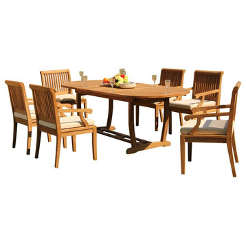7-Piece Outdoor Teak Patio Dining Set: 94" Masc Oval Table, 6 Sack Arm Chairs