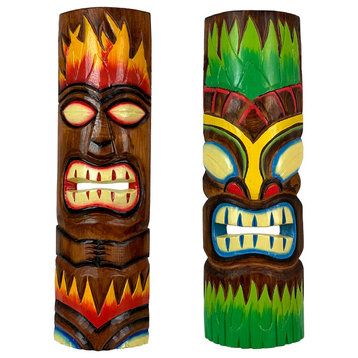 Fire and Earth Hand Crafted Wooden Tiki Totem Wall Masks 20 Inch Set of 2