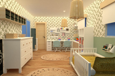 Imagen de dormitorio infantil de 4 a 10 años contemporáneo de tamaño medio con paredes verdes, suelo de madera clara, suelo beige y papel pintado