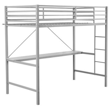 Jake Metal Loft Bed Frame with Desk, Guard Rails and Ladder, Gray, Twin