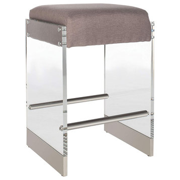 Modern Counter Stool, Unique Design With Acrylic Legs & Light Brown Fabric Seat