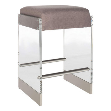 Modern Counter Stool, Unique Design With Acrylic Legs & Light Brown Fabric Seat