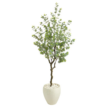 63" Eucalyptus Artificial Tree, White Planter