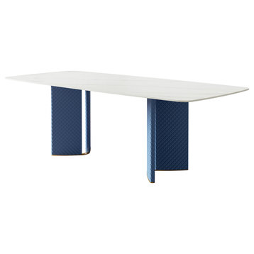 Modern Snow-White Slate Table Top Dining Table With Blue Pedestal