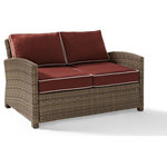 Crosley - Bradenton Outdoor Wicker Loveseat With Sangria Cushions - Create the ultimate in outdoor entertaining with Crosley's Bradenton Collection. This elegantly designed all-weather wicker conversational set is the perfect addition to your environment. The finely crafted deep seating collection features intricately woven wicker over durable steel frames, and UV/Fade resistant cushions providing comfort, style and durability.