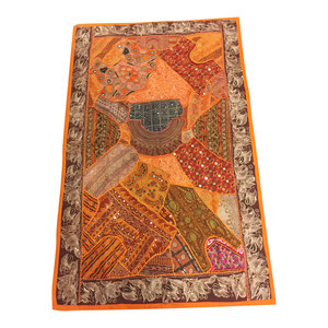 Mogulinterior - Mogul Banjara Tapestry Handmade Beaded Patchwork Orange Table Runner Throw - Tapestries