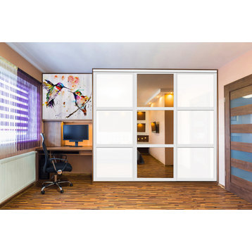 3 Panels Closet / Wardrobe Door with Mirror & White Painted Glass Insert, 96”x84” Inches, Painted