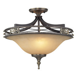 ELK Lighting - 3 Light Semi Flush, Antique Bronze and Dark Umber and Marblized Amber Glass - Flush-mount Ceiling Lighting