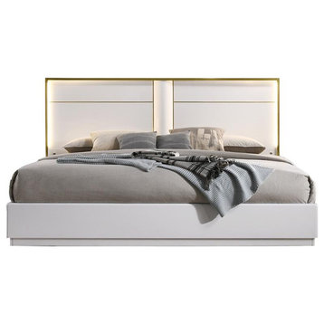 Best Master Havana Poplar Wood East King Platform Bed in White with Gold Trim