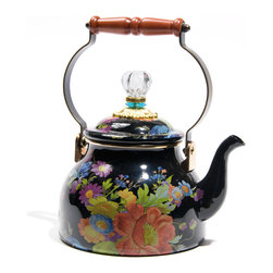 Flower Market Enamel 2 Quart Tea Kettle - Black | MacKenzie-Childs - Kettles